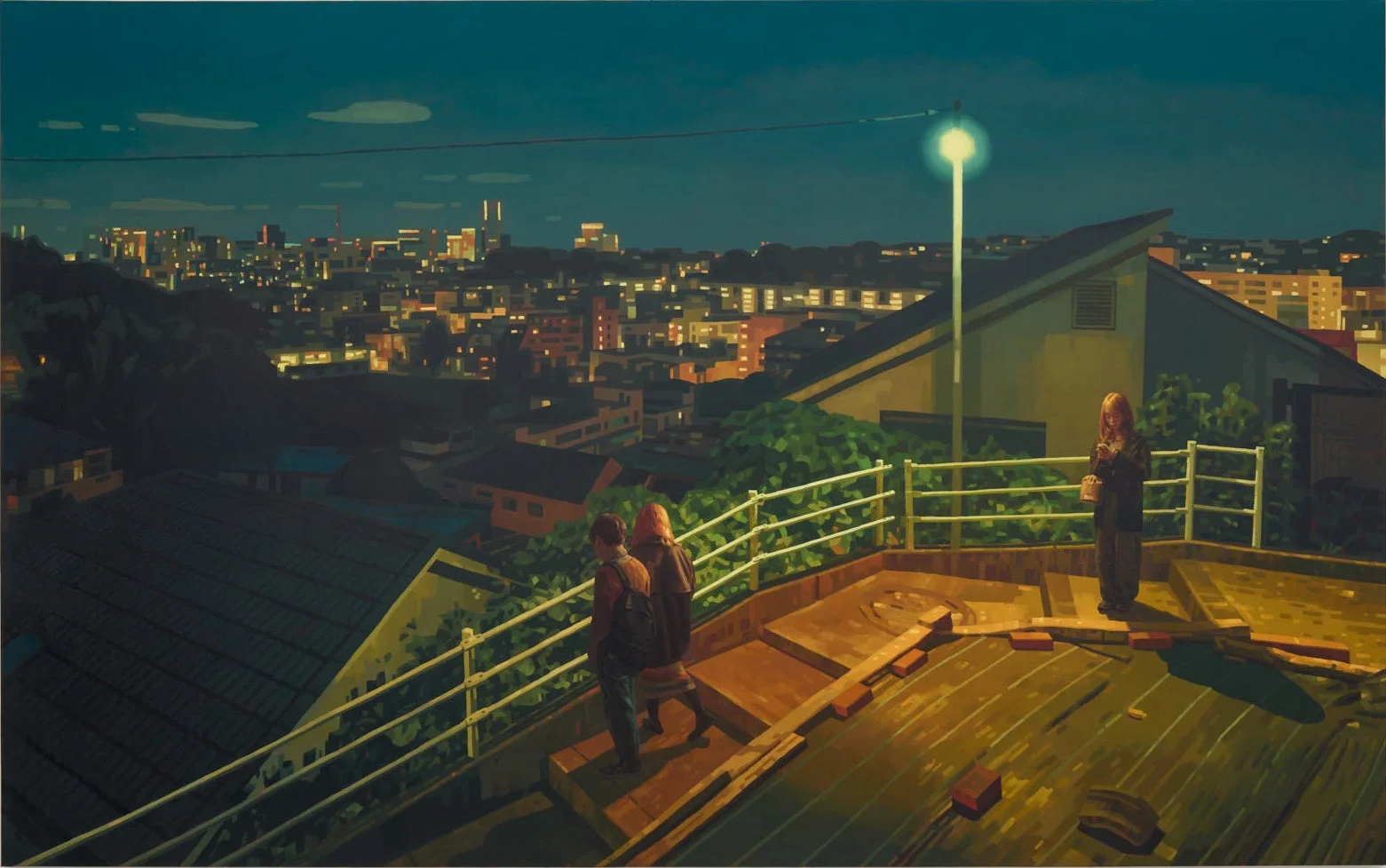 高台から見下ろす夜の都市風景の絵画