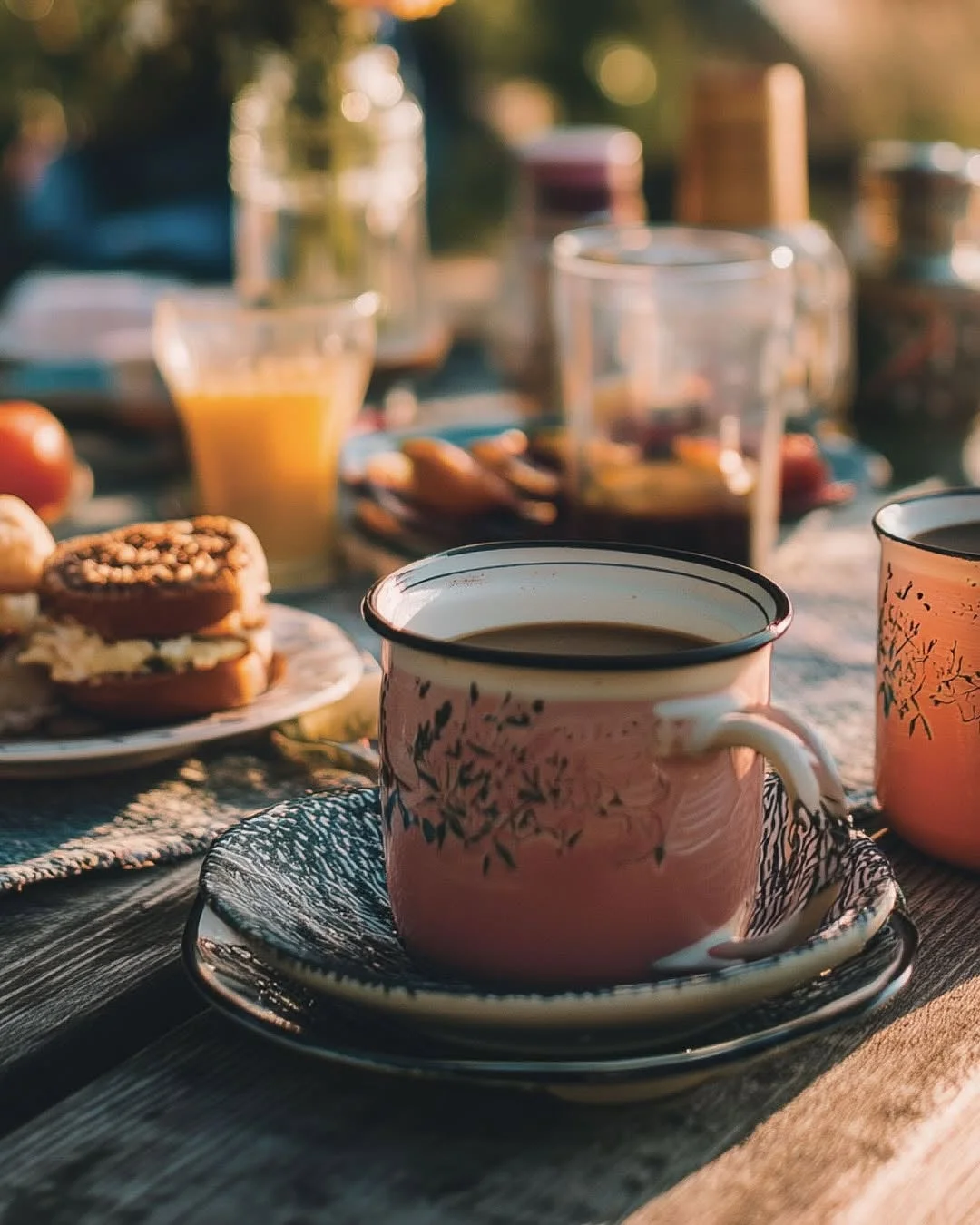 温かい日差しが差し込む屋外の木製テーブルに、コーヒー入りのピンク色のホーローマグカップが置かれています。奥にはジュースやサンドイッチらしき食べ物が見え、心地よいブランチの風景が広がっています。