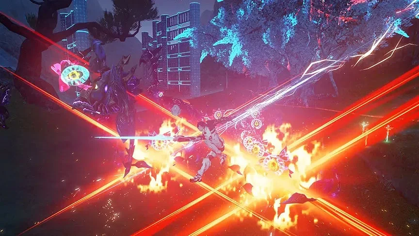 SF的な世界観で、主人公らしきキャラクターが複数の敵と激しい戦闘を繰り広げているシーン。