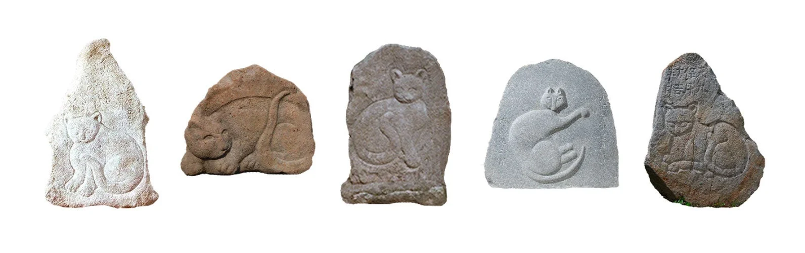 様々な様式の猫が彫られた5つの石像が並んでいます。一部には「辛丑年」や「金滿」などの文字が刻まれており、歴史的な価値を持つ伝統的な猫の石像群です。