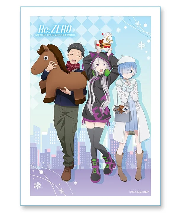アニメ「Re:ゼロから始める異世界生活」のキャラクター、ナツキ・スバル、エキドナ、レムが冬の装いで描かれています。それぞれがぬいぐるみやプレゼントを持ち、笑顔で楽しげな様子がクリスマスや冬のイベントを想起させます。