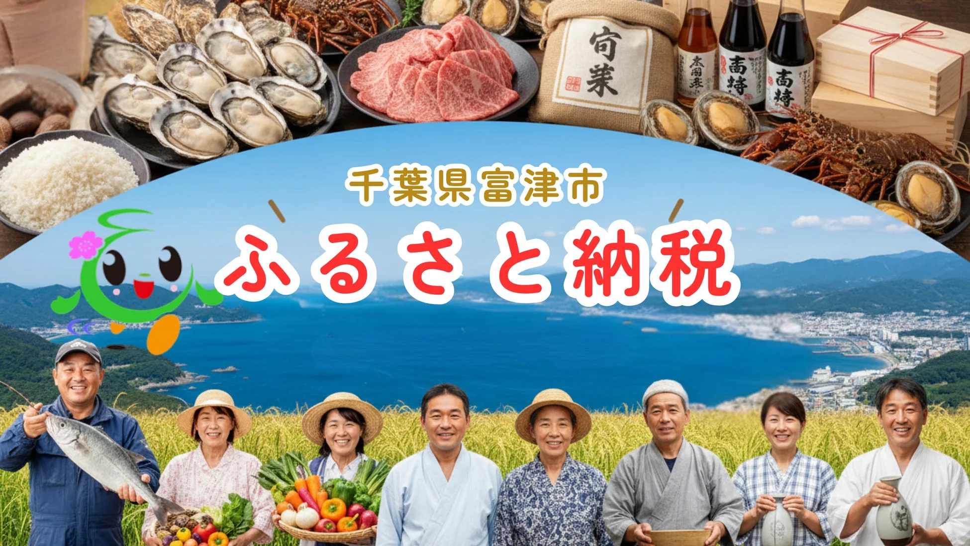ふるさと納税、千葉県富津市、特産品、魚介類、牛肉、米、野菜、アワビ、カキ、伊勢海老、笑顔、生産者、地域活性化、海、山、風景、日本