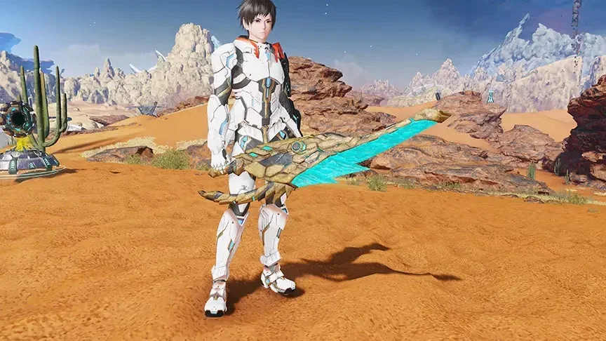 青く光る武器を構えるキャラクター