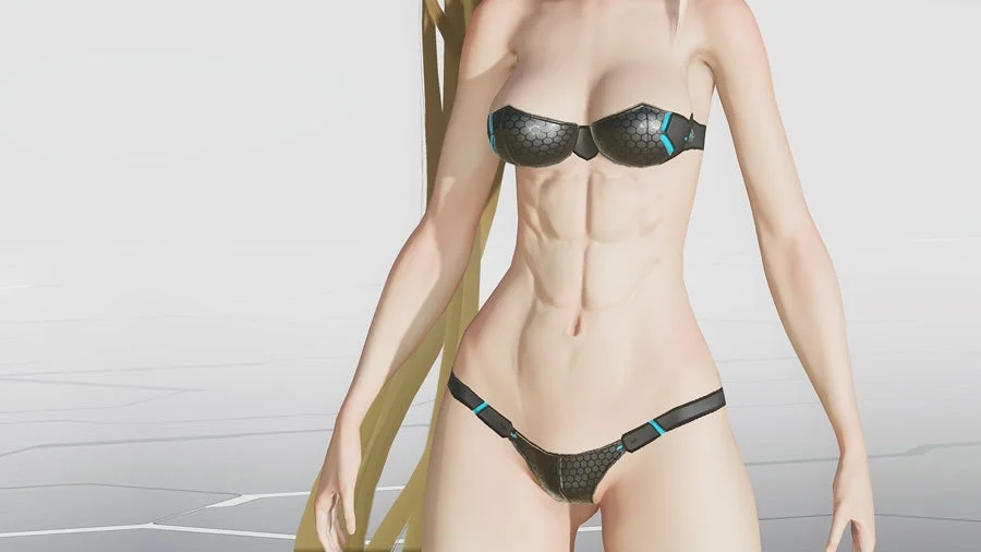 筋骨隆々とした腹筋を持つ女性キャラクターが、黒と水色の近未来的なビキニを着用している様子。