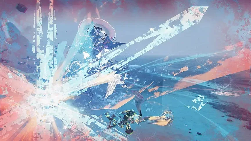 青とピンクの光が飛び交うSF的な戦闘シーン。中央に光を放つメカニックな戦士が描かれています。