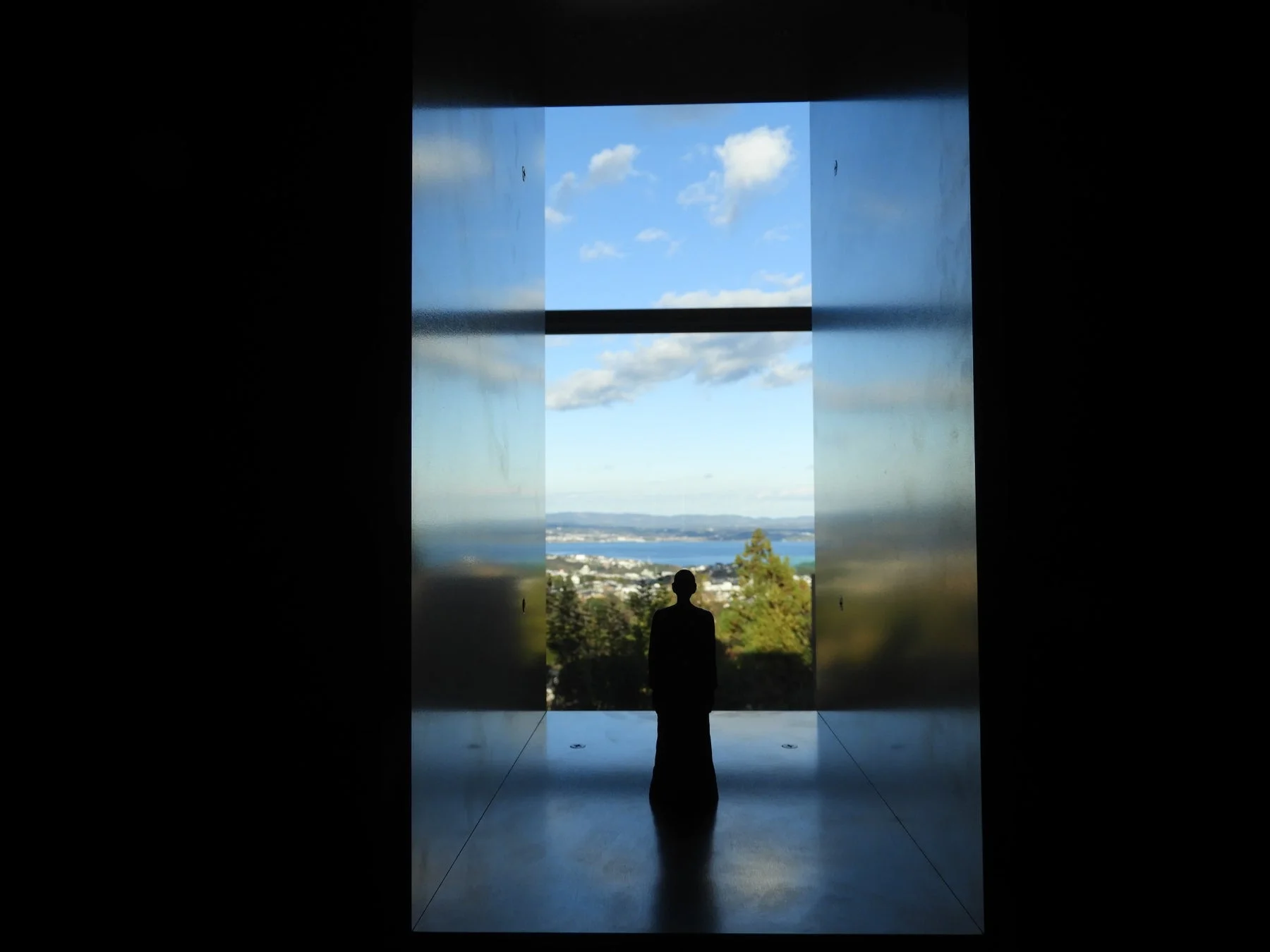 窓から景色を眺める人物のシルエット