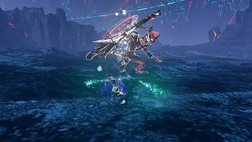 暗いSF的な環境で、キャラクターが巨大なモンスターと戦闘している場面。