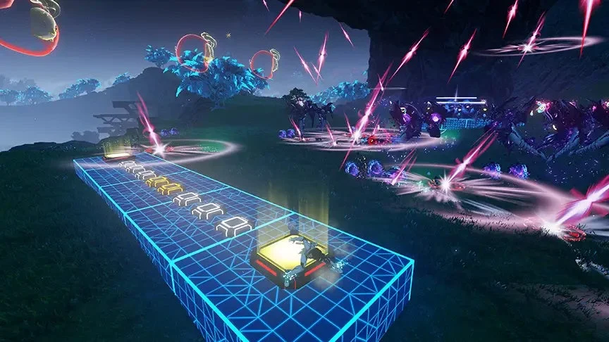 夜の幻想的なフィールドで、青いグリッドの足場と多数の敵が描かれたSFアクションゲームの戦闘シーン。