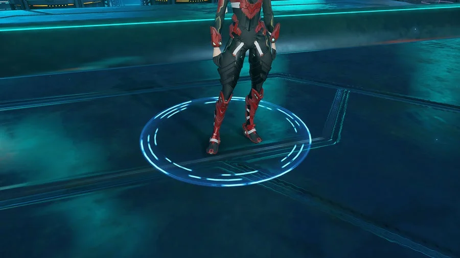 SF風の赤い装甲をまとったキャラクターが、青く光るサークルの上に立つ様子を捉えた画像。