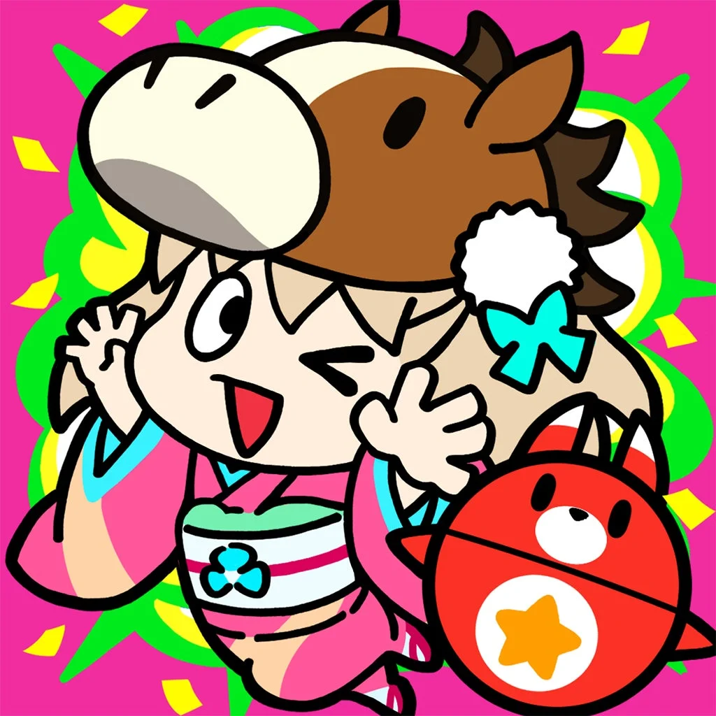 ピンクと緑を基調とした背景に、馬の着ぐるみを着た笑顔のアニメ風キャラクターが描かれています