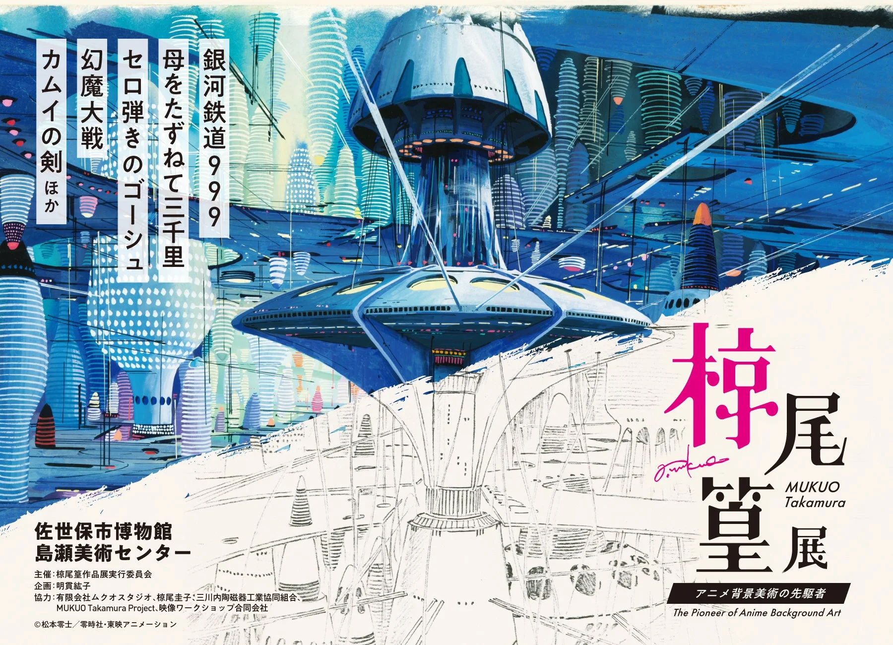 アニメ背景美術の先駆者、柿尾篁の展覧会ポスターです。未来都市を描いたSF的なイラストが特徴で、「銀河鉄道999」などの代表作が紹介されており、佐世保市博物館と島瀬美術センターでの開催を告知しています。