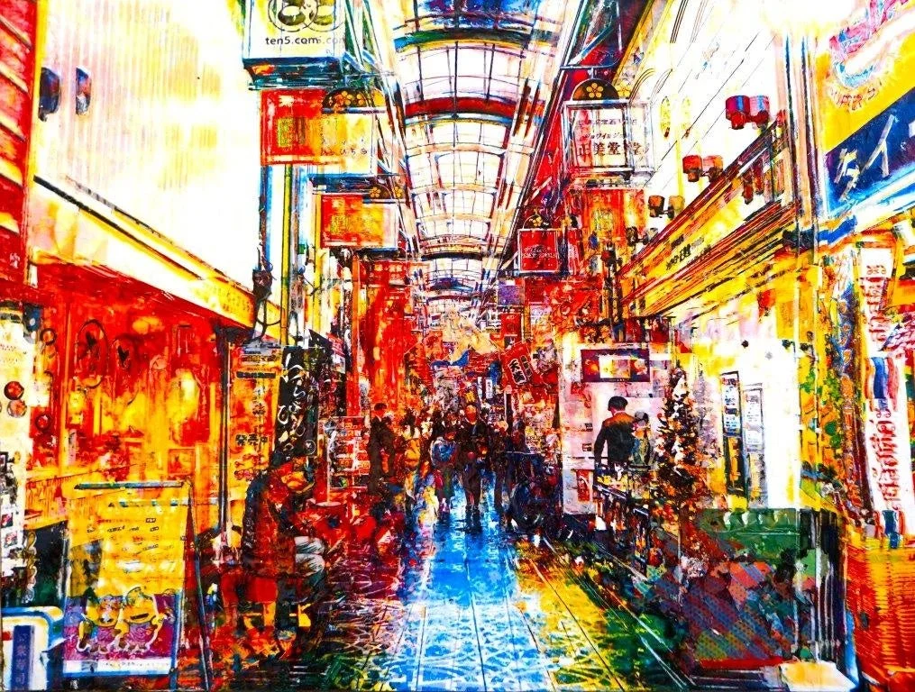 日本の賑やかな商店街の抽象画