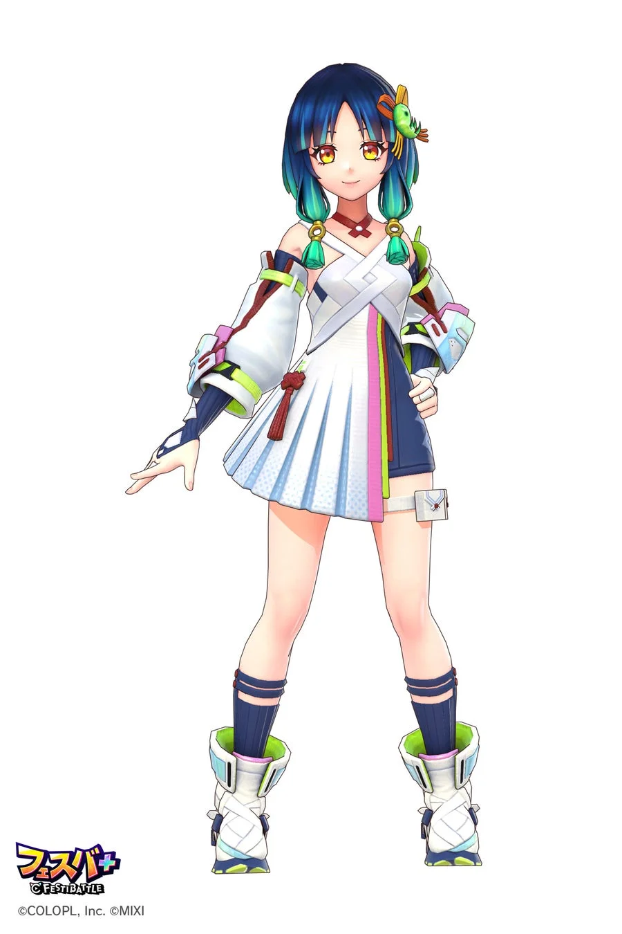 青緑色の髪と黄色い目を持つ可愛らしいアニメ少女の全身イラスト