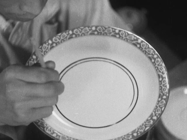 装飾的な模様の入った白い皿を持つ手