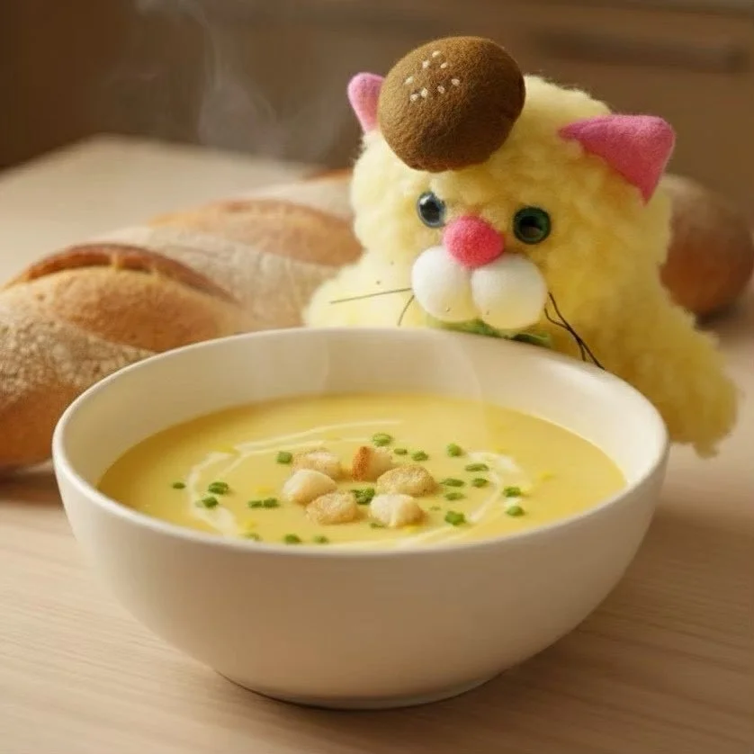 湯気が立つ温かいコーンスープが白いボウルに入っており、クルトンと刻みネギがトッピングされている。ボウルの後ろからは、茶色の帽子をかぶった黄色い猫のぬいぐるみが顔を覗かせている。
