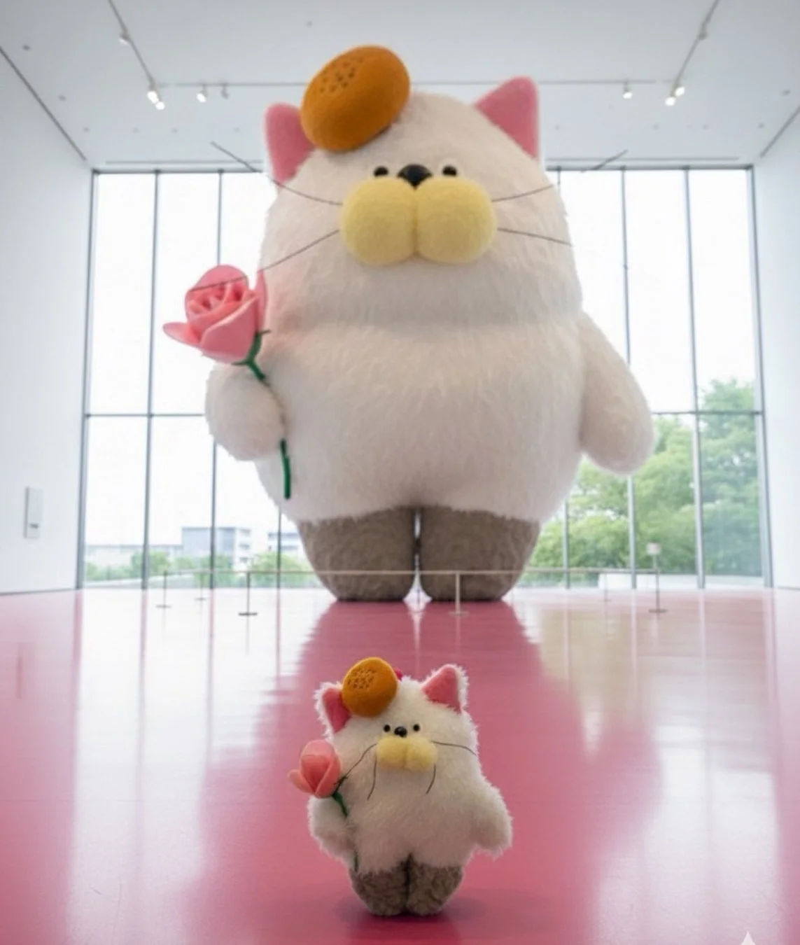 ピンクの床が特徴的な広い展示室に、オレンジ色のベレー帽をかぶり、ピンクのバラを持つ大小2匹の白い猫のキャラクターが展示されている現代アート作品の写真です。