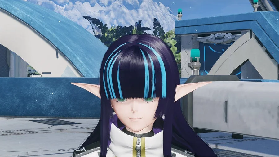 青いメッシュの入った黒髪と尖った耳を持つ、ゲームキャラクターと思われる女性のアップ。