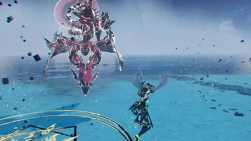 広大な空と海を背景に、巨大な異形のモンスターと女性キャラクターが空中戦を繰り広げているようなファンタジーSFゲームのワンシーン。