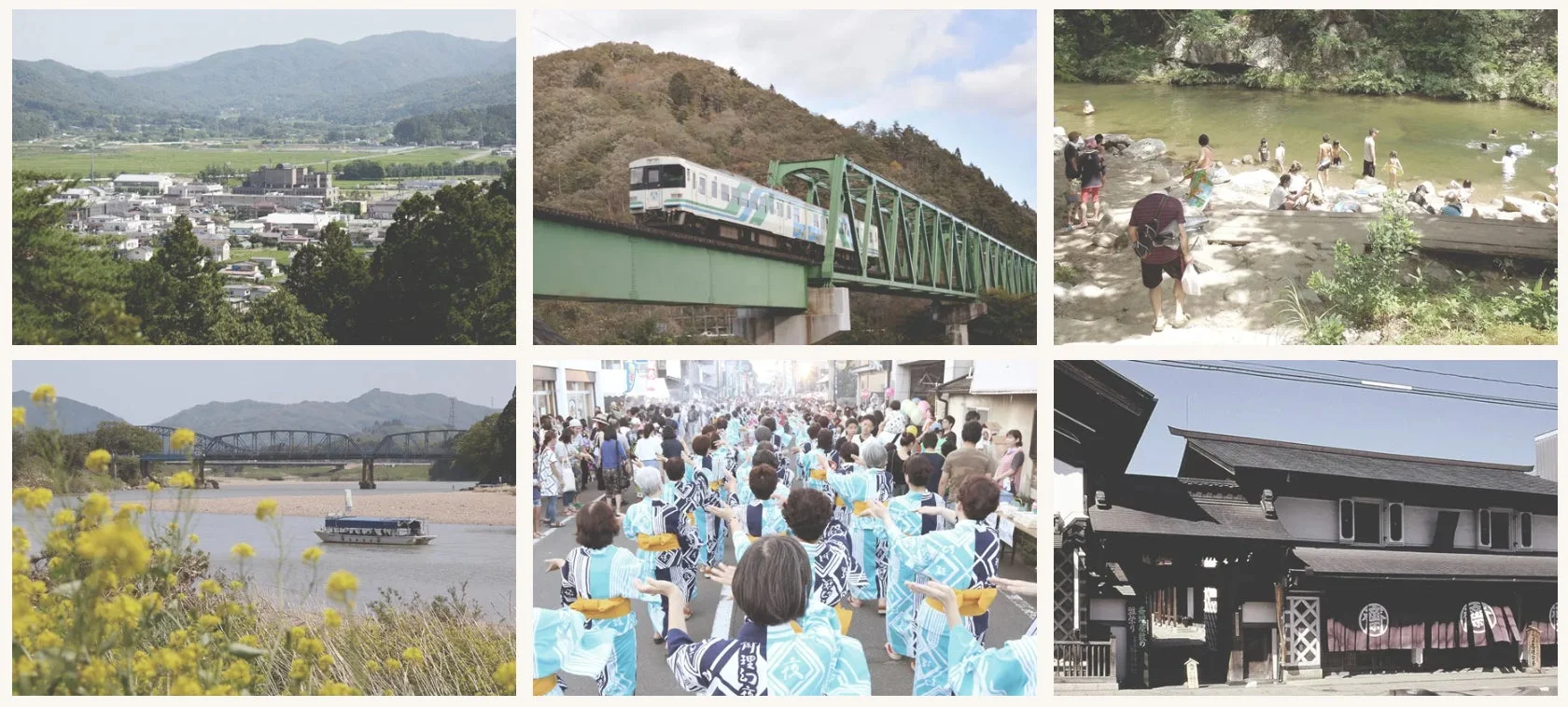 日本の多様な風景と文化的な活動を捉えた6枚のコラージュ画像です。山間部の街並み、鉄橋を渡る列車、川で遊ぶ人々、菜の花咲く川辺の遊覧船、伝統的な阿波踊りの祭り、そして歴史的な日本家屋が写っており、日本の豊かな自然、生活、伝統を総合的に表現しています。