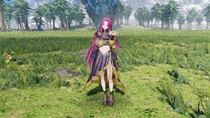 広大な草原に立つ紫髪のアニメ風女性キャラクター。