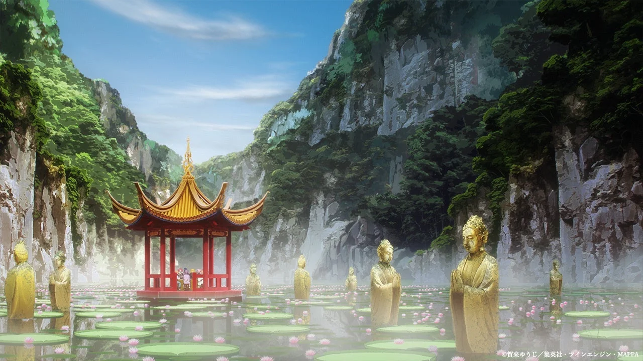 蓮の花と仏像が浮かぶ神秘的な湖に、赤い東屋が佇む幻想的な風景