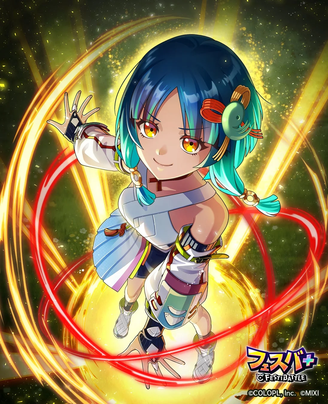 青と水色の髪を持つ褐色の肌のアニメ風の少女が、輝く光の渦巻く背景の中で、手を広げた躍動感あるポーズで描かれています