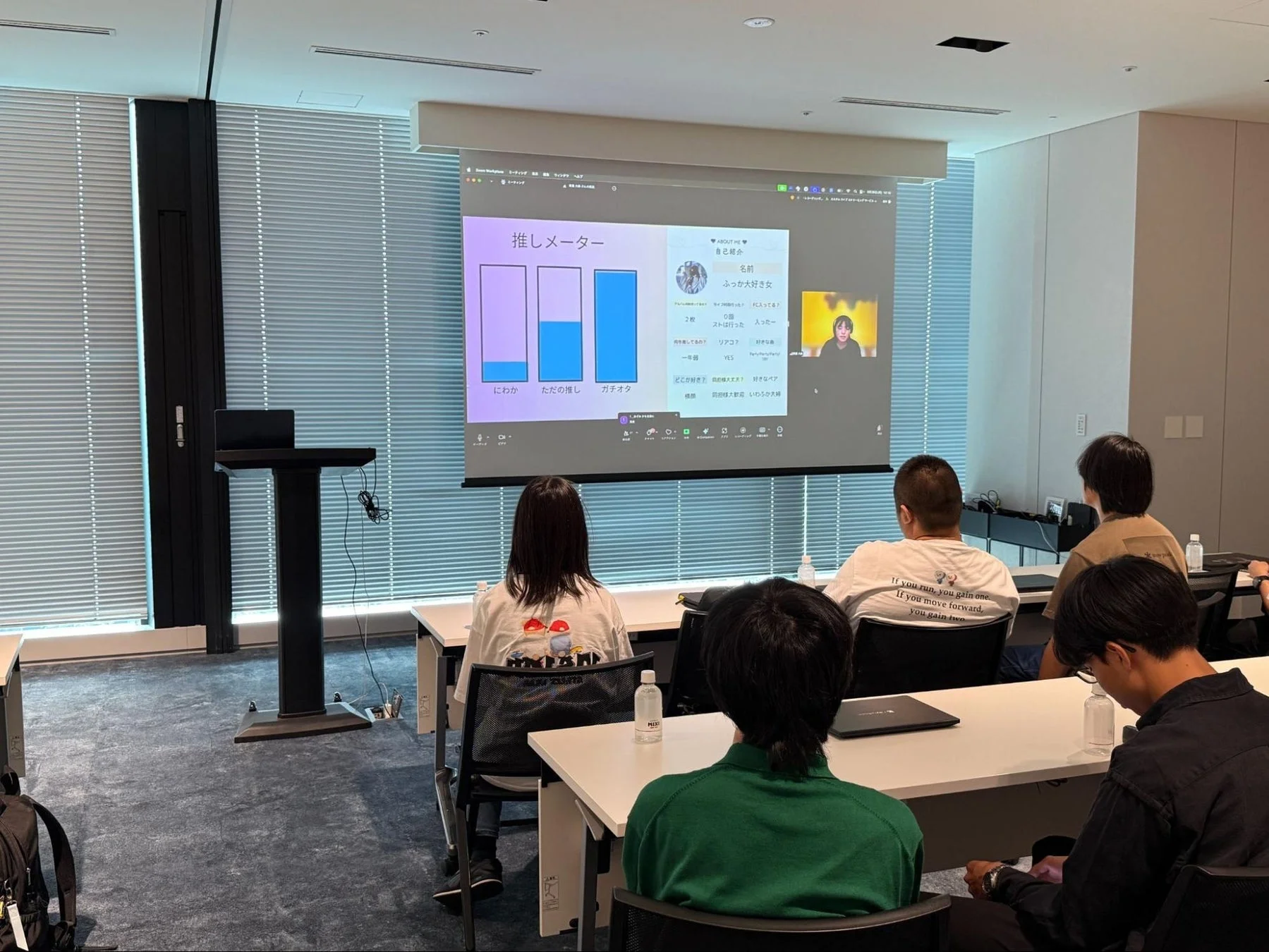 複数人がプレゼンを見ている様子、まちとものスライド