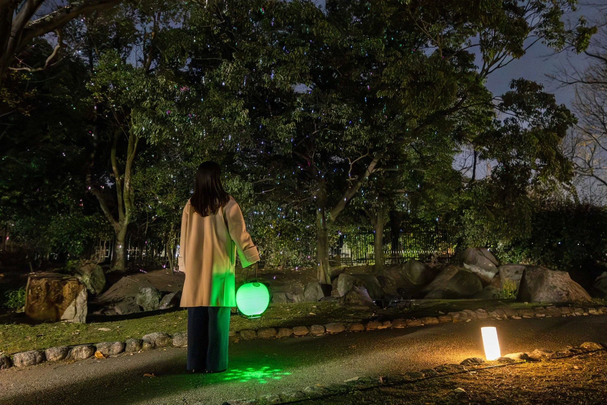 緑色の提灯を持って夜の公園を散歩する女性