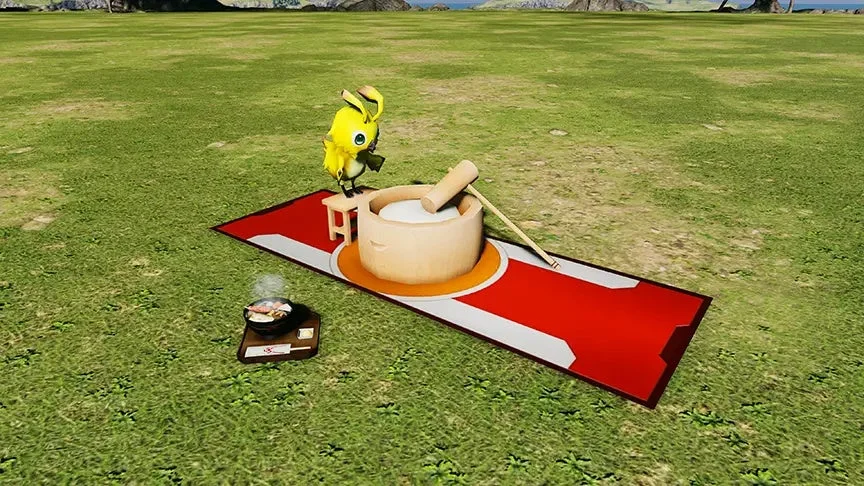 餅つきをしている黄色いキャラクター