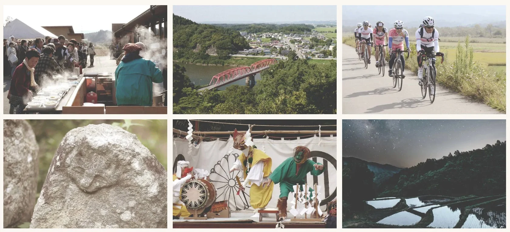 この画像は、日本の多様な情景を捉えた6枚のコラージュです。賑やかな祭り、美しい自然風景、ロードバイクでのサイクリング、伝統的な芸能、そして星空の下に広がる棚田が描かれており、日本の文化と自然の魅力を多角的に伝えています。