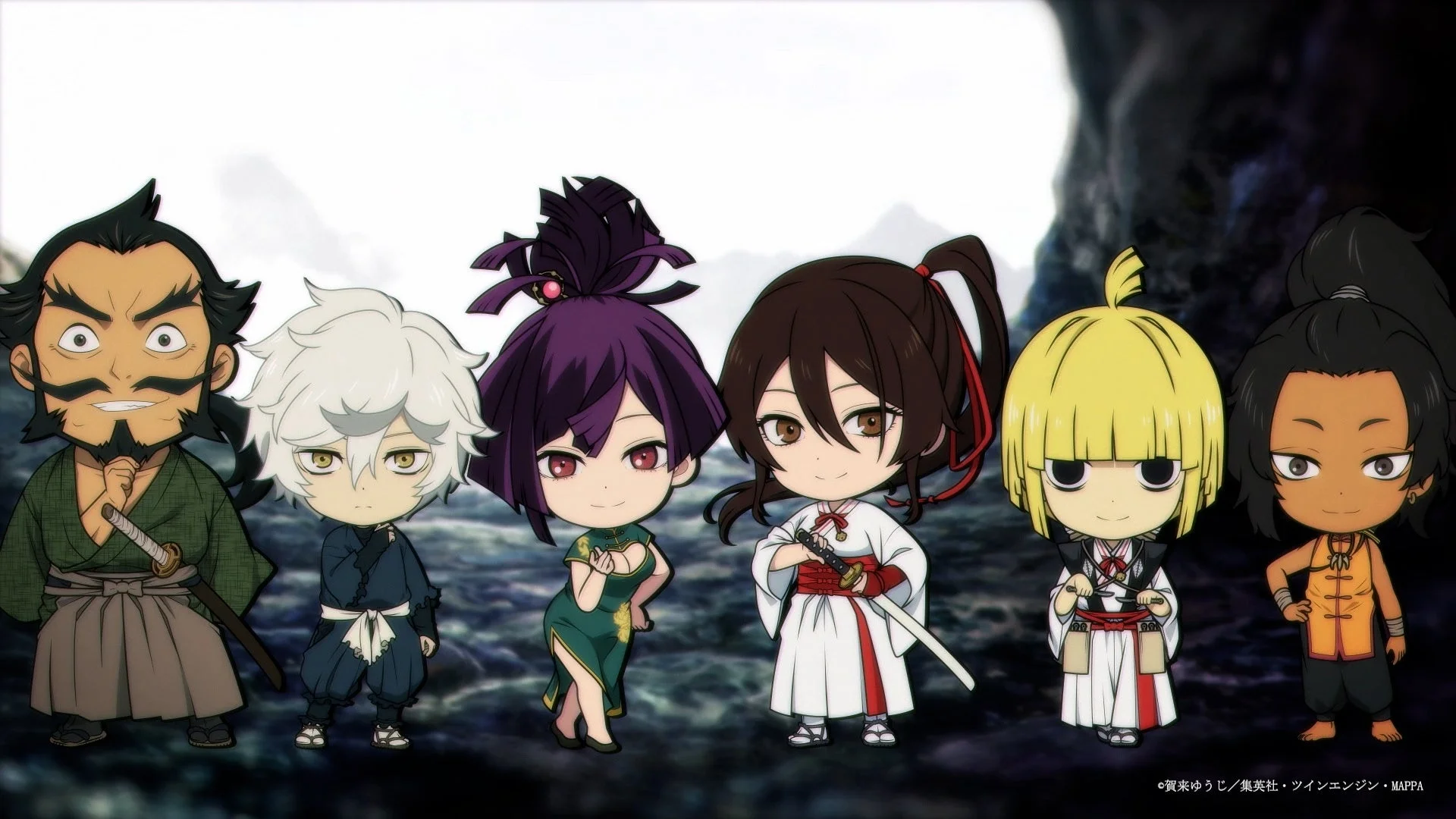 アニメ「地獄楽」のキャラクターたちが、デフォルメされたちびキャラとして集合しているイラストです