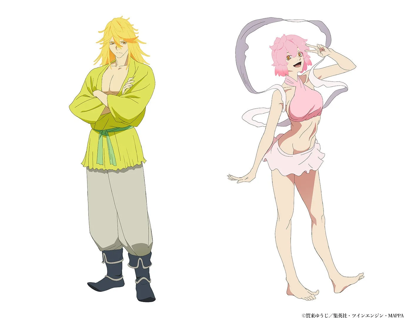 金髪の男性とピンク髪の女性のアニメキャラクターが並んで立っているイラスト