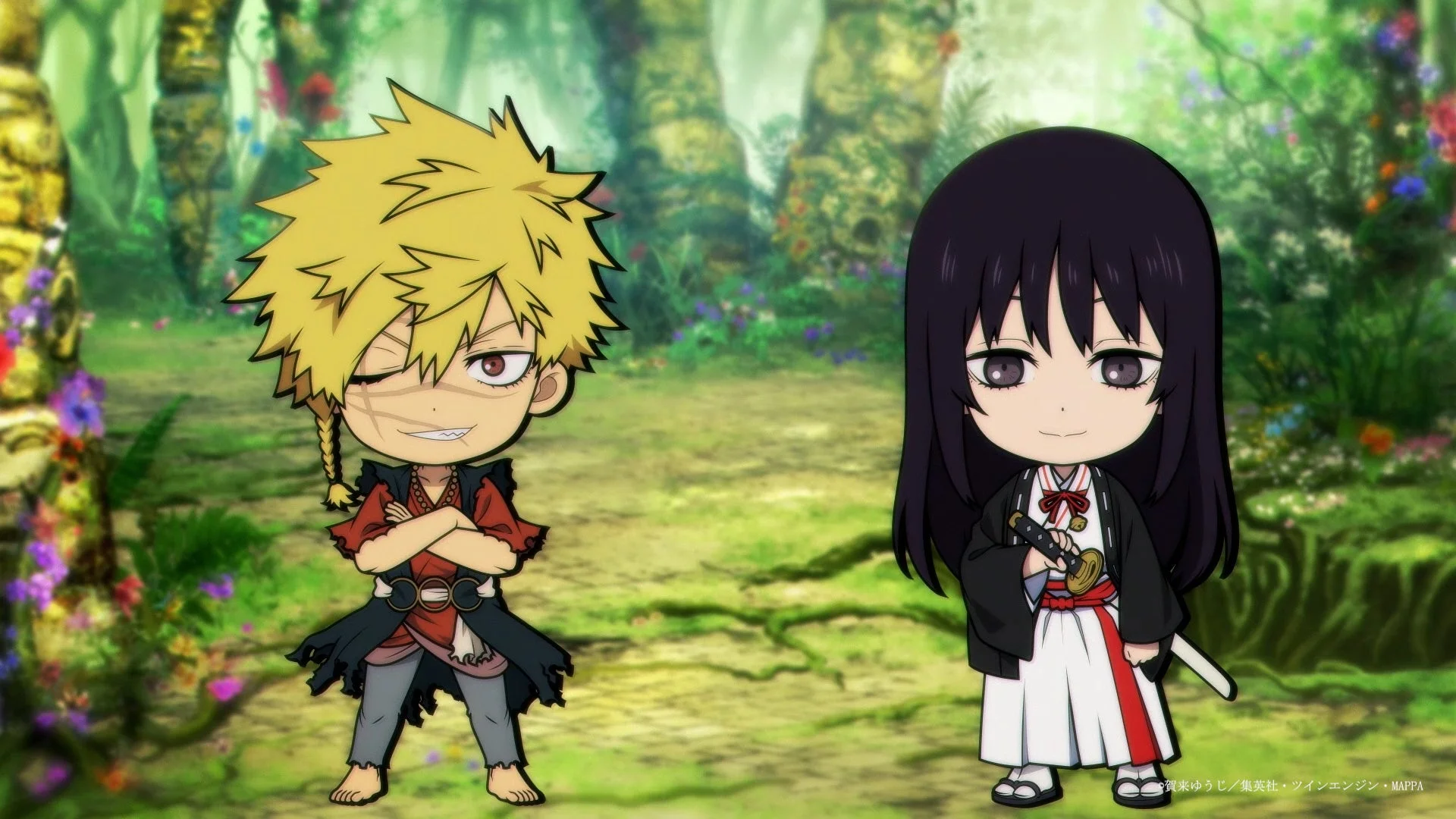 緑豊かな森を背景に、金髪の少年と黒髪で刀を持つ少女のデフォルメされたアニメキャラクターが並んで立つイラスト