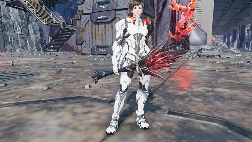 白い未来的なアーマーを着用した女性キャラクターが、赤く光る巨大な武器を構えて立っています。