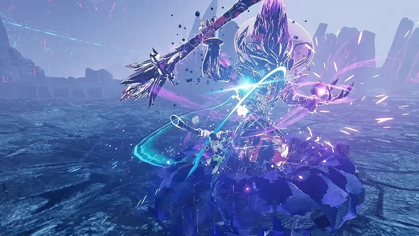 SF風の荒廃した世界で、巨大なボスキャラクターと小さなプレイヤーキャラクターが激しい戦闘を繰り広げているシーン。