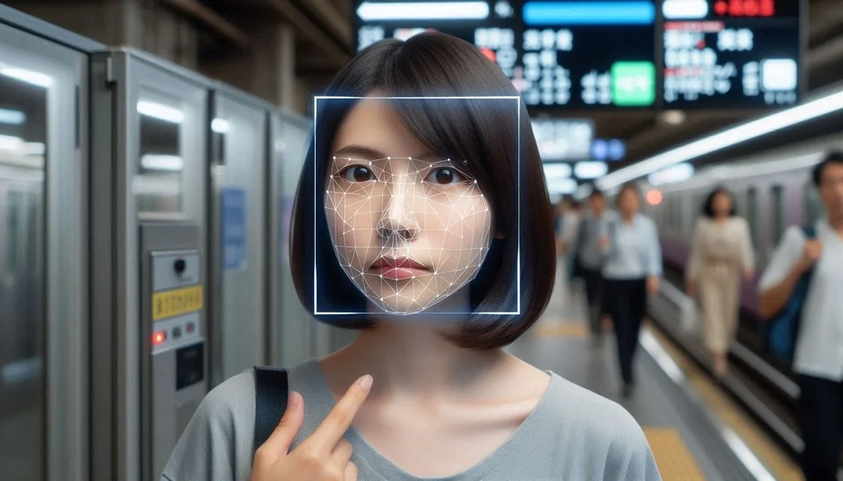顔認証技術を示すデジタルグリッドが重ねられた女性
