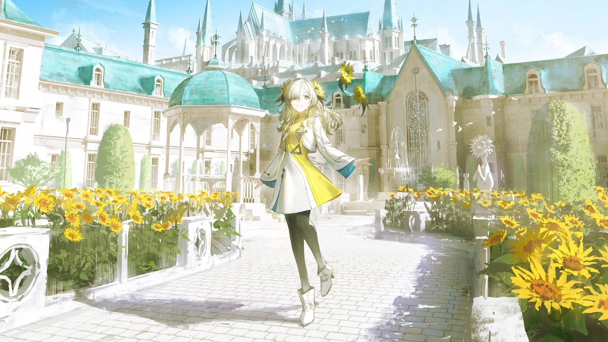 ひまわりが咲き誇る美しい庭園と壮麗な洋館を背景に、金髪の少女が白い服と黄色のドレスをまとい、笑顔で佇むファンタジー風のイラスト