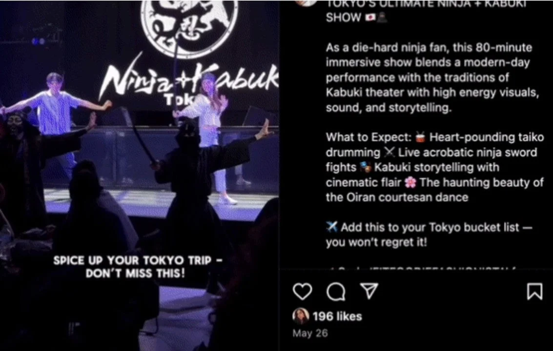 Ninja+Kabuki Tokyoのショーを紹介するSNS投稿のスクリーンショット