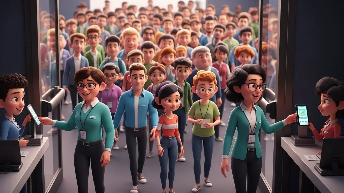 多くの人々がデジタルチケットチェックを受けてイベント会場に入場している様子