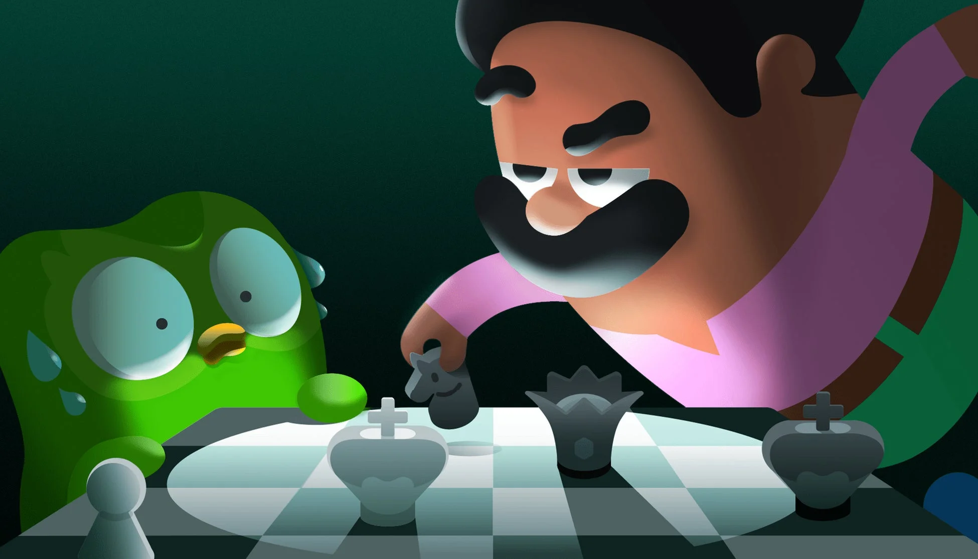 DuolingoのキャラクターDuoがチェスをしているイラスト