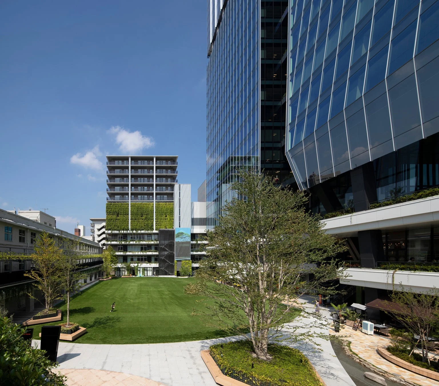 現代的な高層ビルと緑地