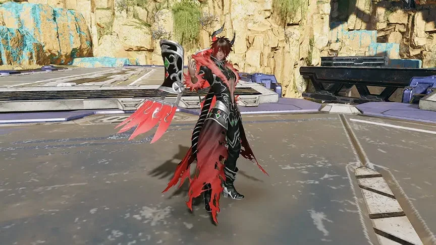 角と赤い髪を持つ男性キャラクターが、黒と赤を基調とした派手な衣装を身につけ、巨大な武器のようなものを携えて立っているゲーム画面。