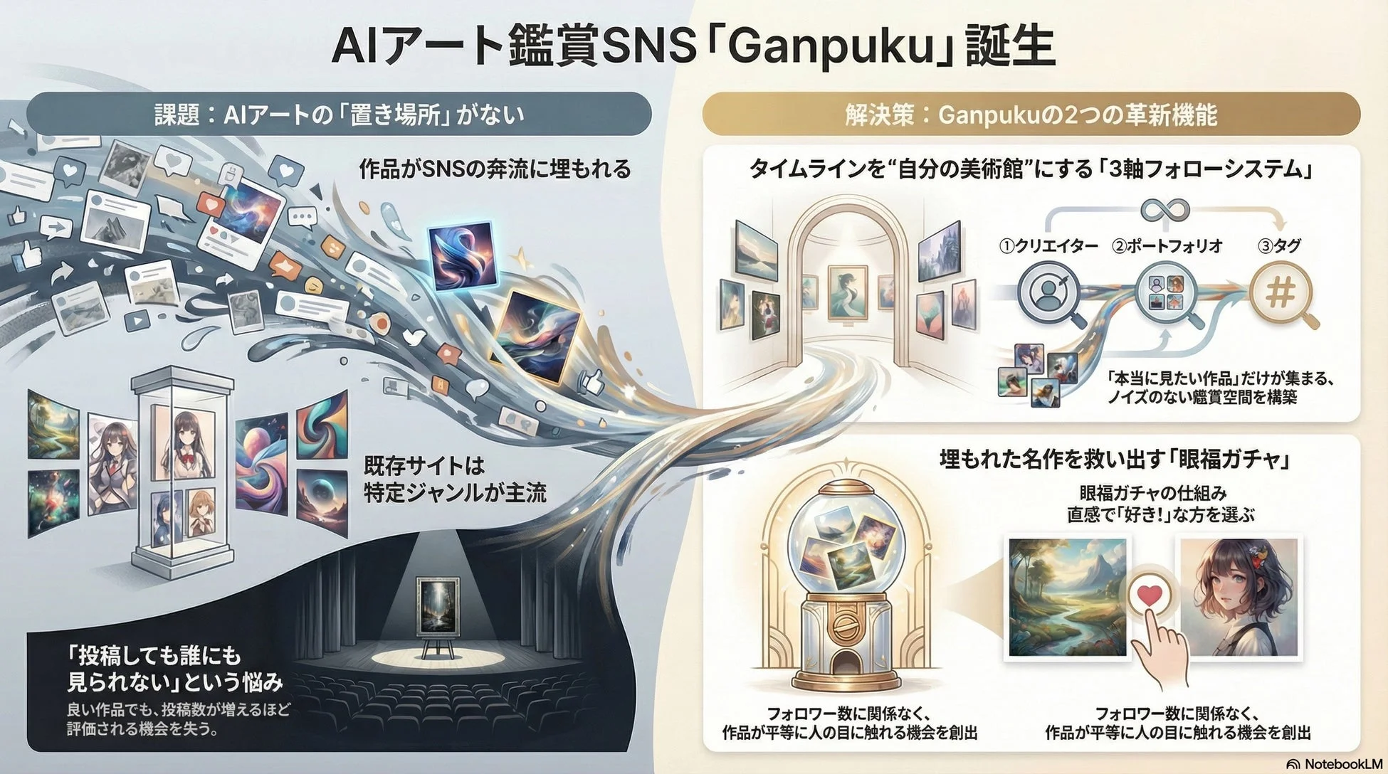 AIアート鑑賞SNS「Ganpuku」誕生の概念図