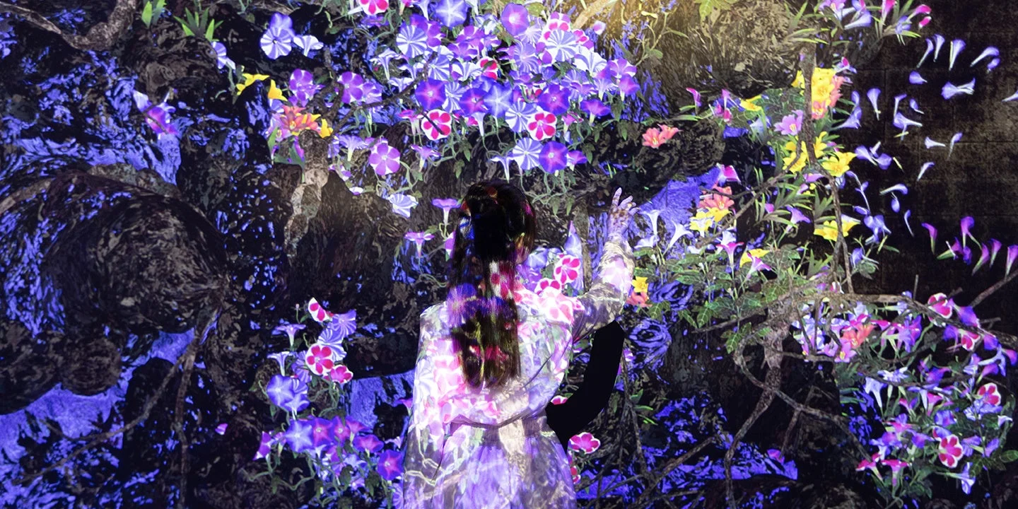 暗い背景に紫やピンク、黄色の花々が鮮やかに映し出された没入型デジタルアート空間に立つ人物の後ろ姿。
