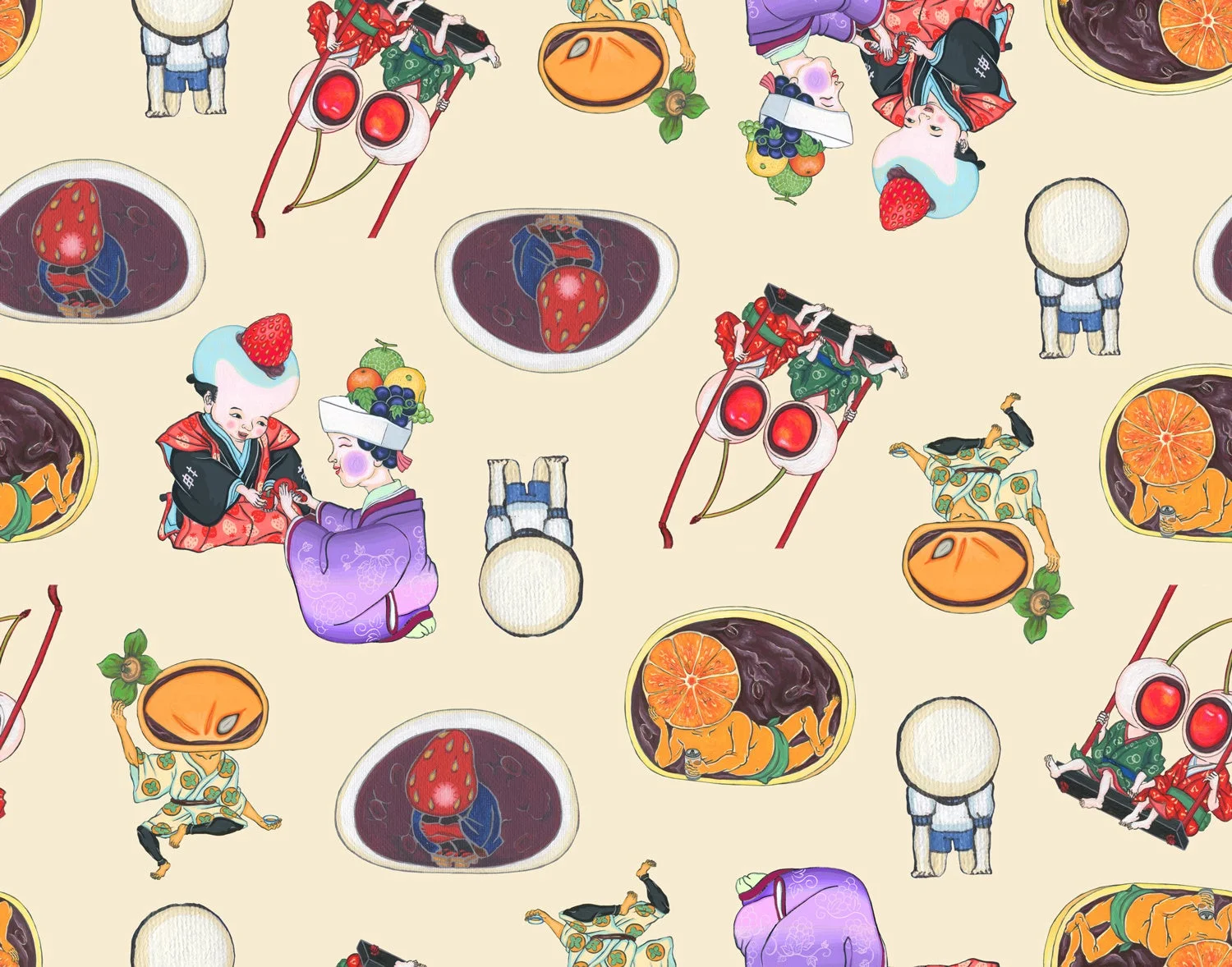 和風,浮世絵風,イラスト,パターン,子供,果物,苺,みかん,柿,和菓子,シュール,かわいい,ユニーク,日本文化