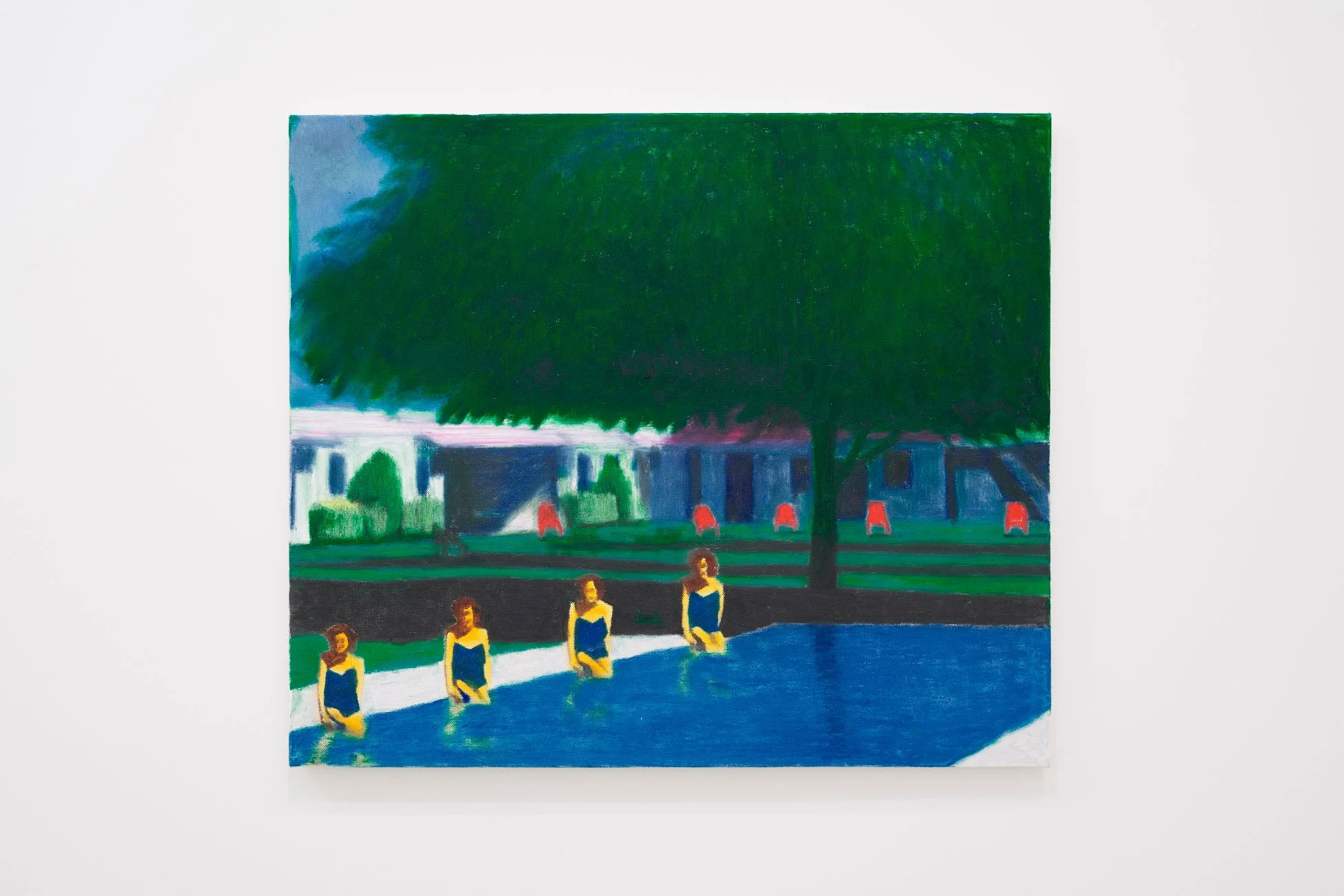 青い水着を着た女性たちがプールに浸かる絵画