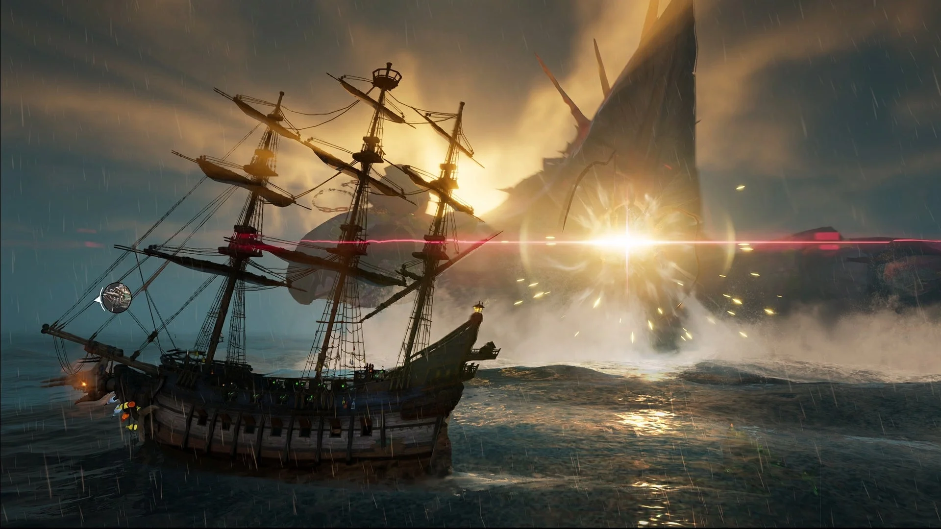 荒れる海を進む巨大な帆船と、背景に現れた巨大なクリーチャーが光を放ちながら激しい戦闘を繰り広げているような、嵐の中のドラマチックなシーン。夕焼け空が不穏な雰囲気を強調しています。