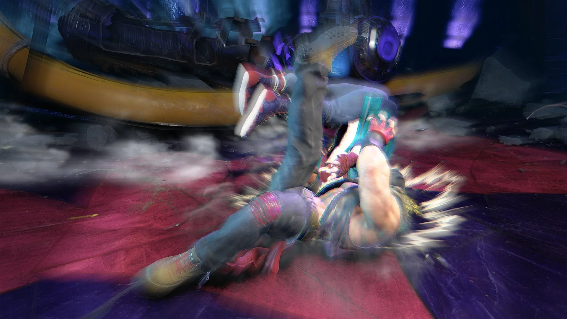 格闘ゲームのキャラクターが激しい攻撃を受け、宙に浮きながら落下している瞬間を捉えた画像です。未来的な背景と紫色の光、そして強いモーションブラーが動きの激しさを表現しています。