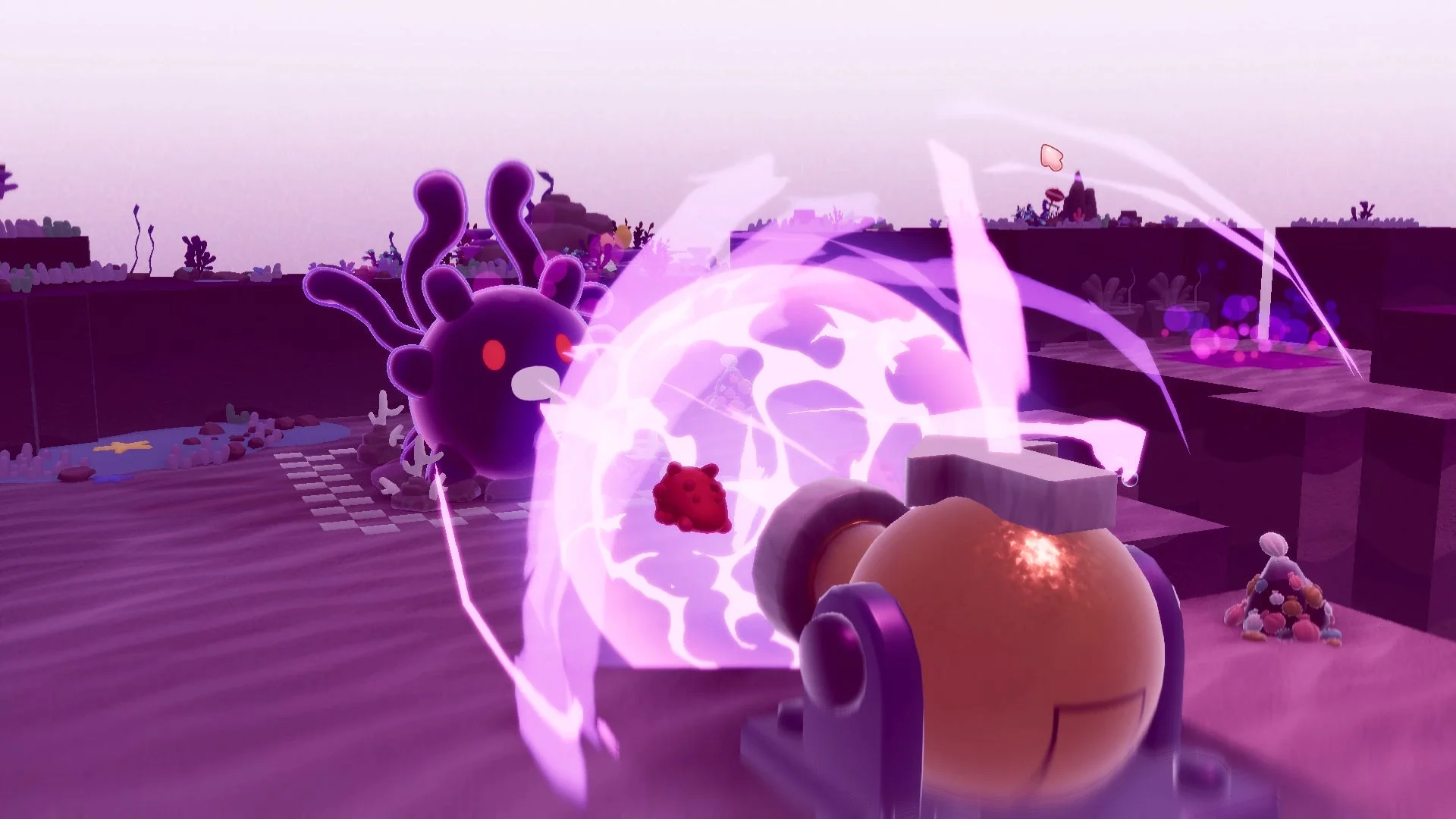 ゲーム,ファンタジー,戦闘,モンスター,大砲,魔法,エフェクト,紫,キャラクター,抽象的