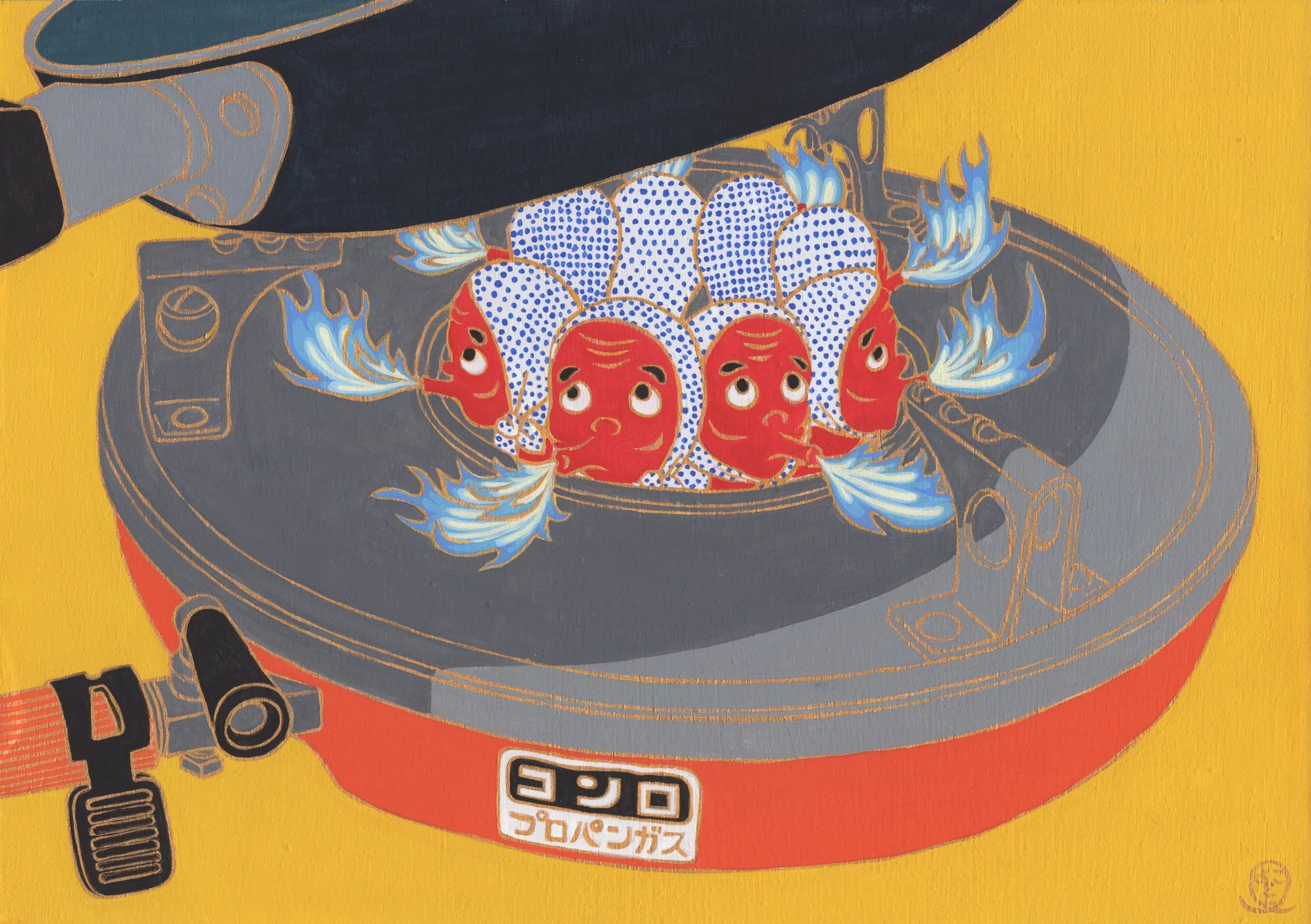 コンロ,プロパンガス,火焔,赤,顔,イラスト,アート,現代アート,日本,ユーモラス,奇妙,ガスコンロ,ガスバーナー,炎,キャラクター,面